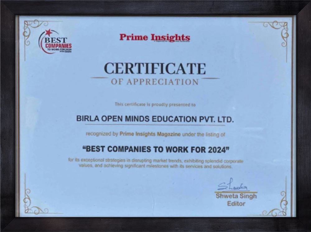 Best Companies to Work For – Prime Insights Magazine, awarded to Birla Open Minds