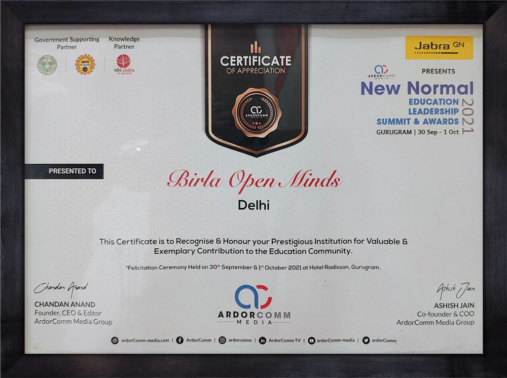 Certificate of Appreciation – New Normal Education Leadership Summit, Gurugram, awarded to Birla Open Minds