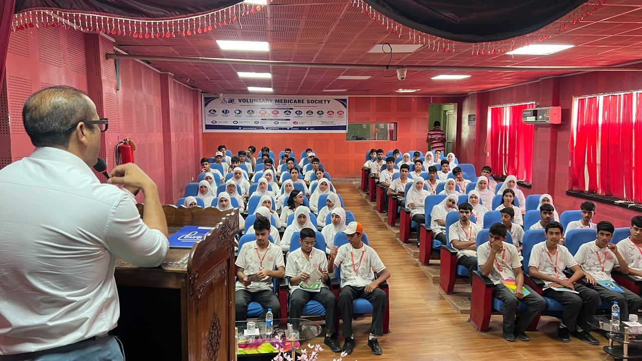 Students of Birla Open Minds International School Srinagar at an awareness session, Voluntary Medicare Society